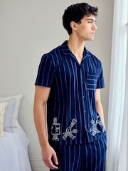 Chelsea Peers Blue Cotton Chef Stripe Button Up Long Pyjamas Set - Image 5 of 6