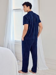 Chelsea Peers Blue Cotton Chef Stripe Button Up Long Pyjamas Set - Image 6 of 6
