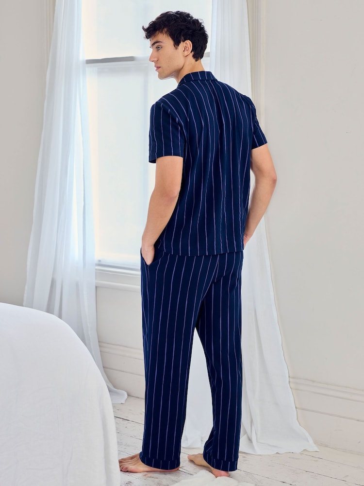 Chelsea Peers Blue Cotton Chef Stripe Button Up Long Pyjamas Set - Image 6 of 6