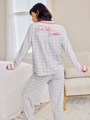 Chelsea Peers Blue Embroidered Back Do Not Disturb Check Long Pyjamas Set - Image 4 of 6