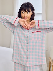 Chelsea Peers Blue Embroidered Back Do Not Disturb Check Long Pyjamas Set - Image 5 of 6