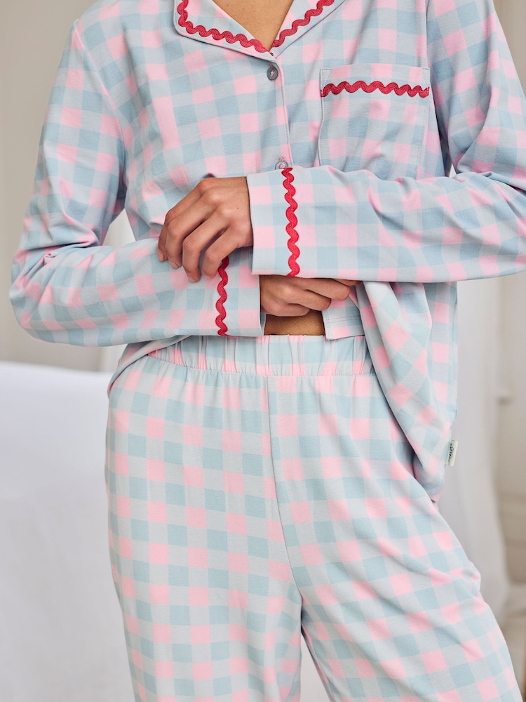 Chelsea Peers Blue Embroidered Back Do Not Disturb Check Long Pyjamas Set - Image 6 of 6 Chelsea Peers Blue Embroidered Back Do Not Disturb Check Long Pyjamas Set - Image 6 of 6