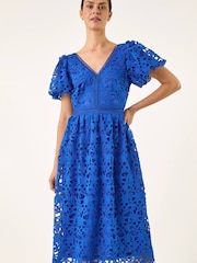 Roman Blue Crochet Lace V-Neck Dress - Image 4 of 5