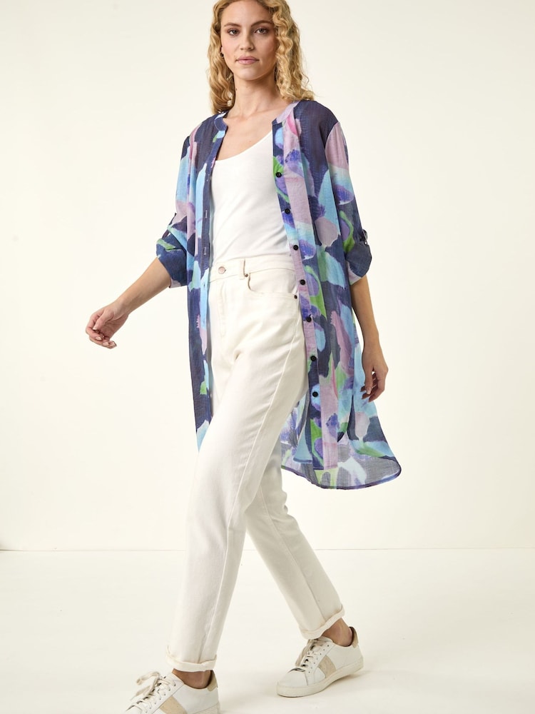 Roman Purple Abstract Print Button Longline Shirt - Image 1 of 5