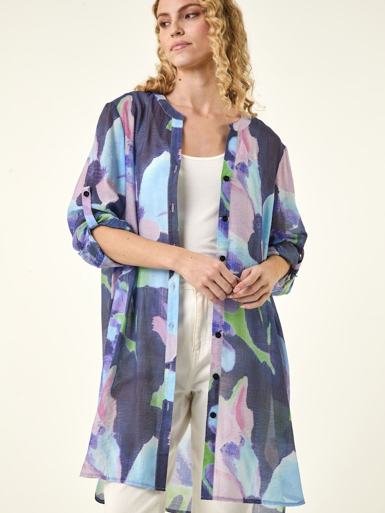 Roman Purple Abstract Print Button Longline Shirt - Image 2 of 5