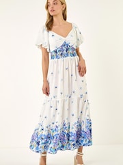 Roman Blue Floral Puff Midi Dress - Image 1 of 5