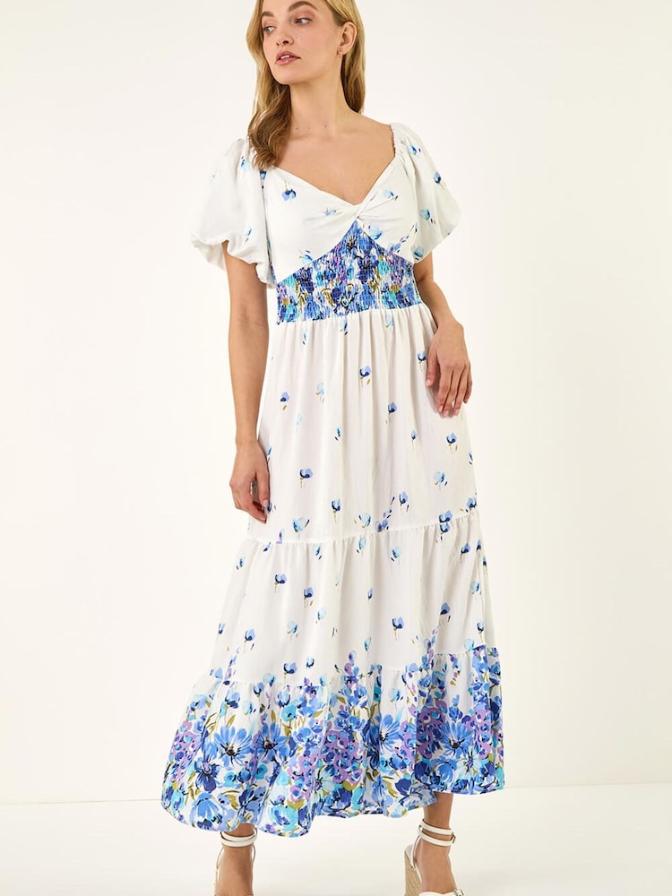 Roman Blue Floral Puff Midi Dress - Image 2 of 5