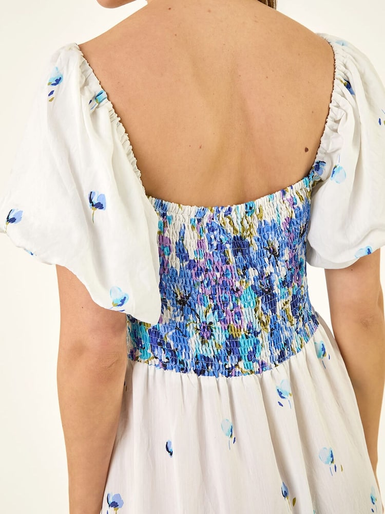 Roman Blue Floral Puff Midi Dress - Image 5 of 5