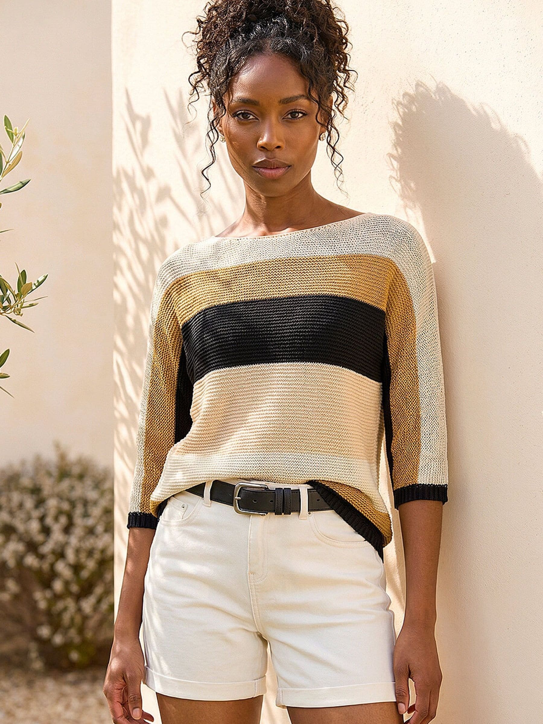 Roman Women's Beige Colour Block Stripe Jumper In Size 20 - Image 4