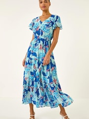 Roman Blue Floral Tiered Tie Waist Midi Dress - Image 1 of 5