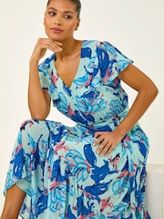 Roman Blue Floral Tiered Tie Waist Midi Dress - Image 2 of 5