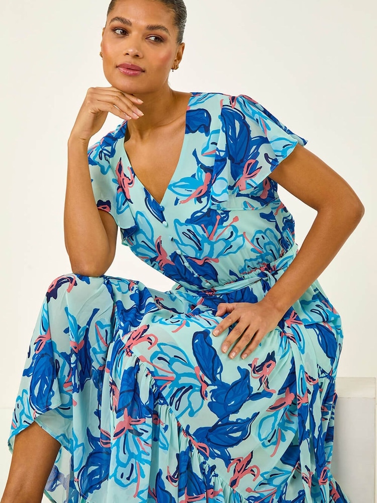Roman Blue Floral Tiered Tie Waist Midi Dress - Image 2 of 5
