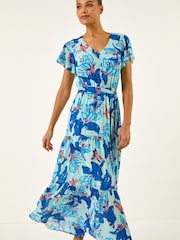 Roman Blue Floral Tiered Tie Waist Midi Dress - Image 4 of 5
