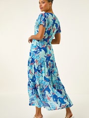 Roman Blue Floral Tiered Tie Waist Midi Dress - Image 5 of 5