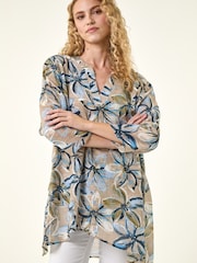 Roman Blue Floral Wrap Hem Tunic Top - Image 1 of 5
