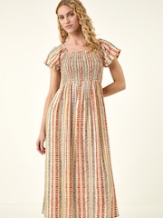 Roman Orange Abstract Stripe Shirred Midi Dress - Image 1 of 5