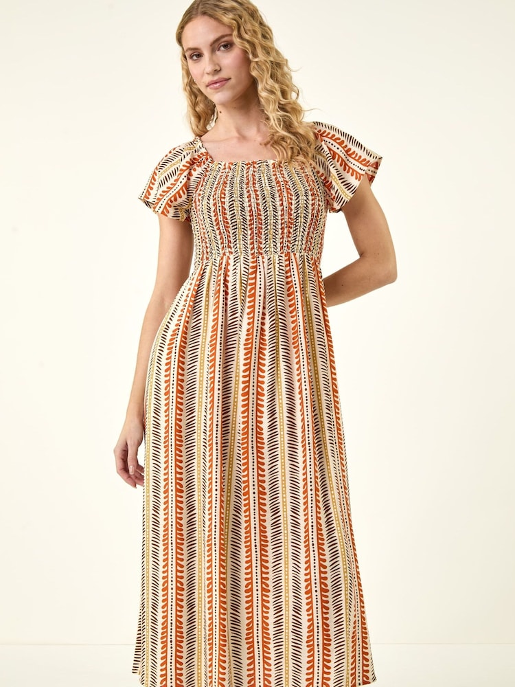 Roman Orange Abstract Stripe Shirred Midi Dress - Image 1 of 5