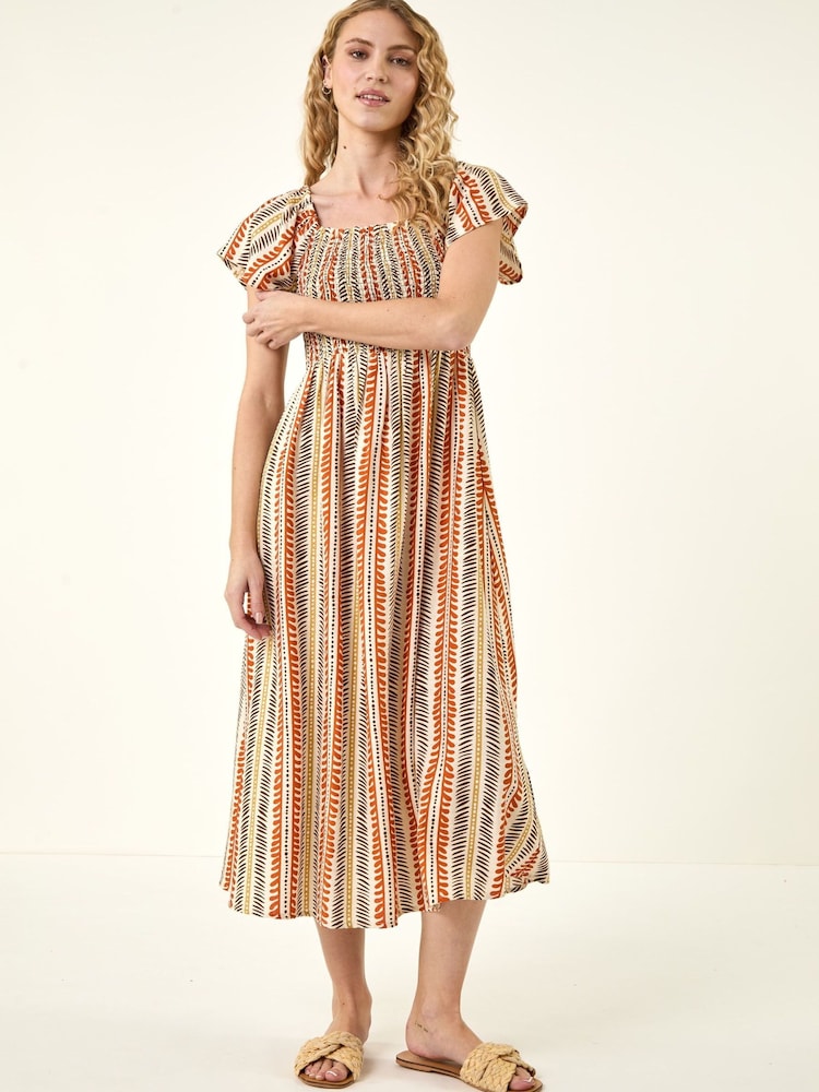 Roman Orange Abstract Stripe Shirred Midi Dress - Image 2 of 5