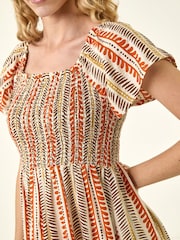 Roman Orange Abstract Stripe Shirred Midi Dress - Image 4 of 5