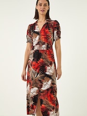 Roman Orange Leaf Print Shirred Midi Dress - Image 1 of 5