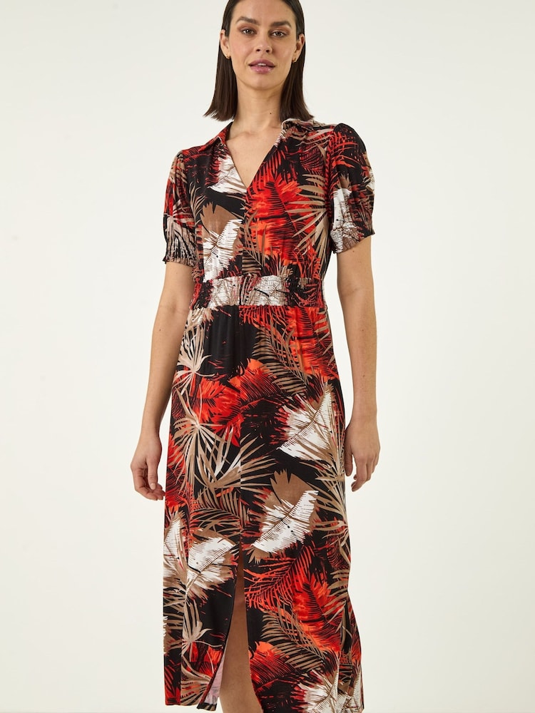 Roman Orange Leaf Print Shirred Midi Dress - Image 1 of 5
