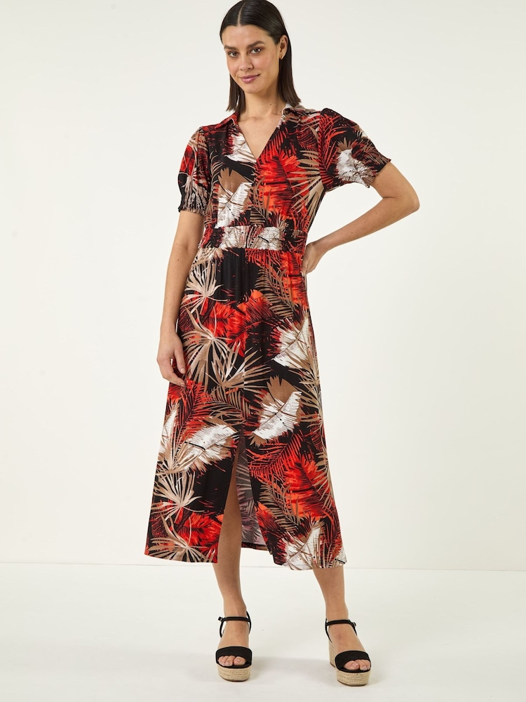Roman Orange Leaf Print Shirred Midi Dress - Image 2 of 5
