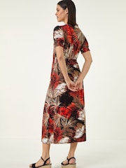 Roman Orange Leaf Print Shirred Midi Dress - Image 3 of 5