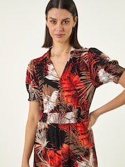 Roman Orange Leaf Print Shirred Midi Dress - Image 4 of 5