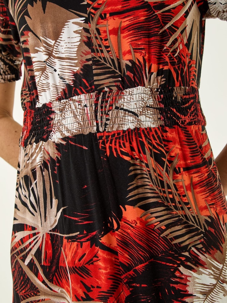 Roman Orange Leaf Print Shirred Midi Dress - Image 5 of 5