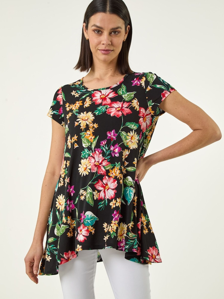 Roman Black Floral Hanky Hem Top - Image 1 of 5 Roman Black Floral Hanky Hem Top - Image 1 of 5