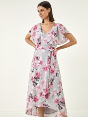 Roman Grey Floral Frill Belted Wrap Dress - Image 1 of 5
