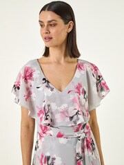 Roman Grey Floral Frill Belted Wrap Dress - Image 4 of 5