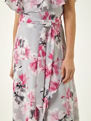 Roman Grey Floral Frill Belted Wrap Dress - Image 5 of 5