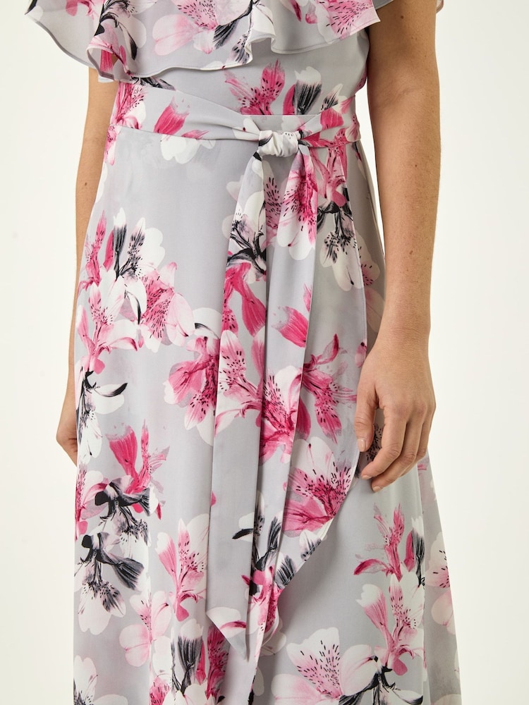 Roman Grey Floral Frill Belted Wrap Dress - Image 5 of 5