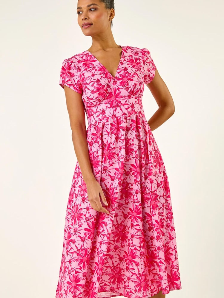 Roman Pink Floral Print Midi Tea Dress - Image 1 of 5