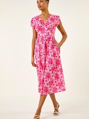 Roman Pink Floral Print Midi Tea Dress - Image 2 of 5