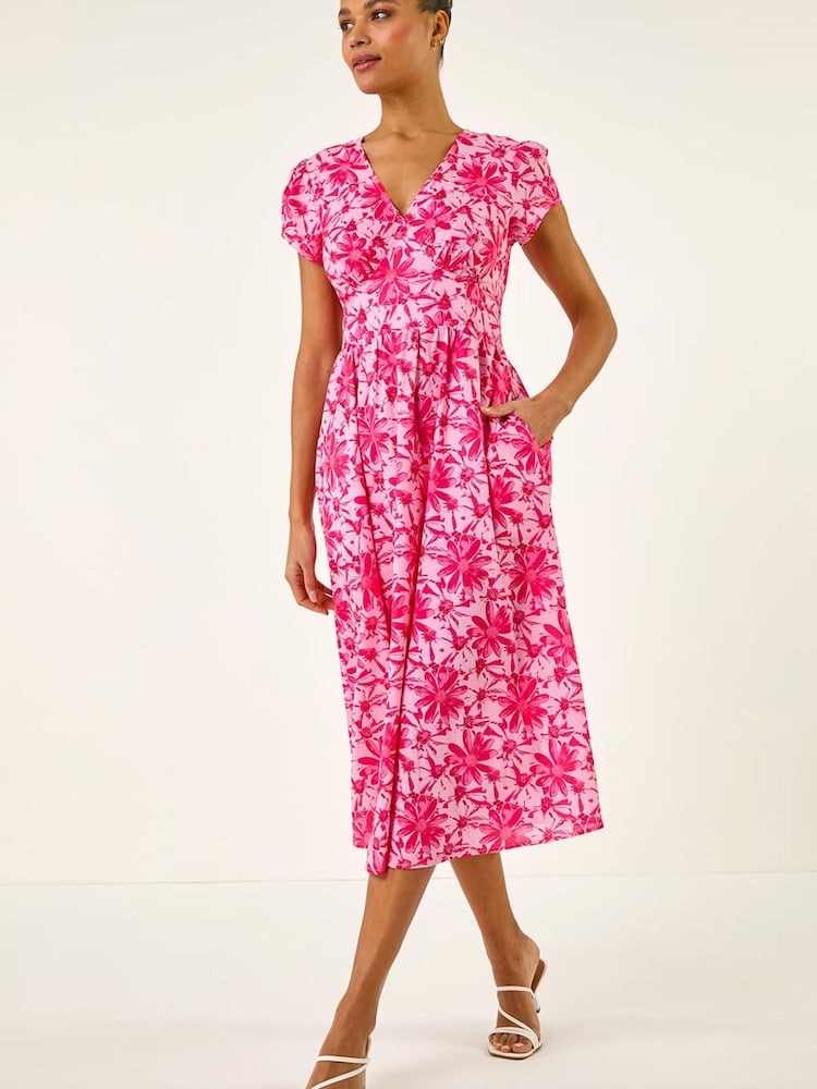 Roman Pink Floral Print Midi Tea Dress - Image 2 of 5