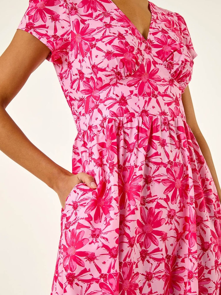 Roman Pink Floral Print Midi Tea Dress - Image 5 of 5