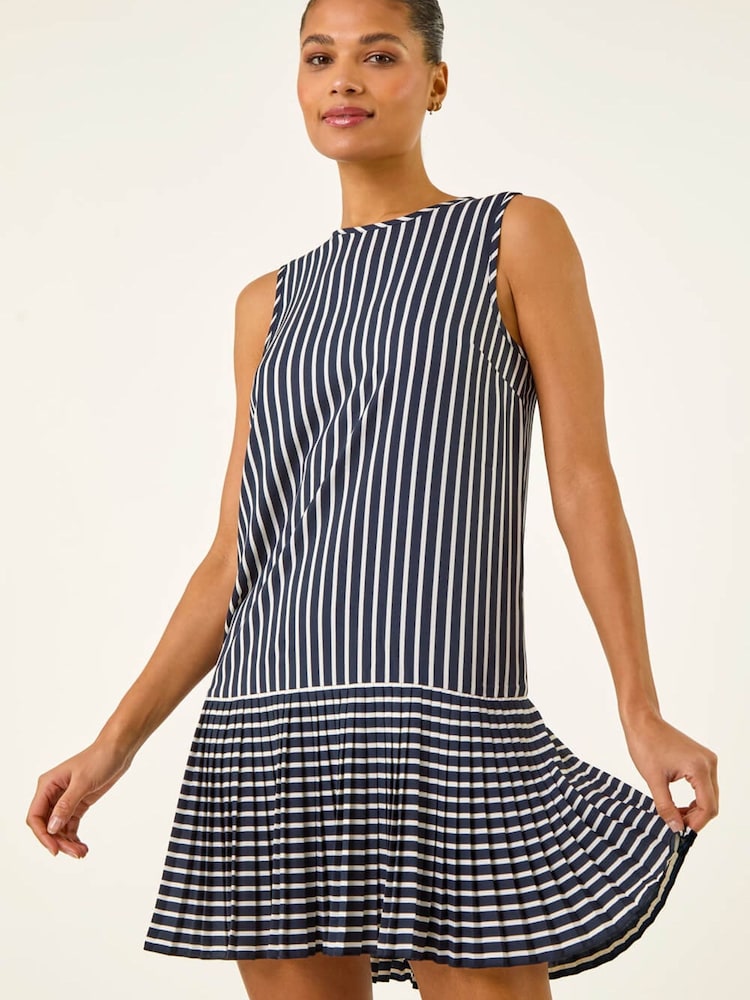 Roman Blue Stripe Print Pleated A-Line Dress - Image 1 of 5 Roman Blue Stripe Print Pleated A-Line Dress - Image 1 of 5
