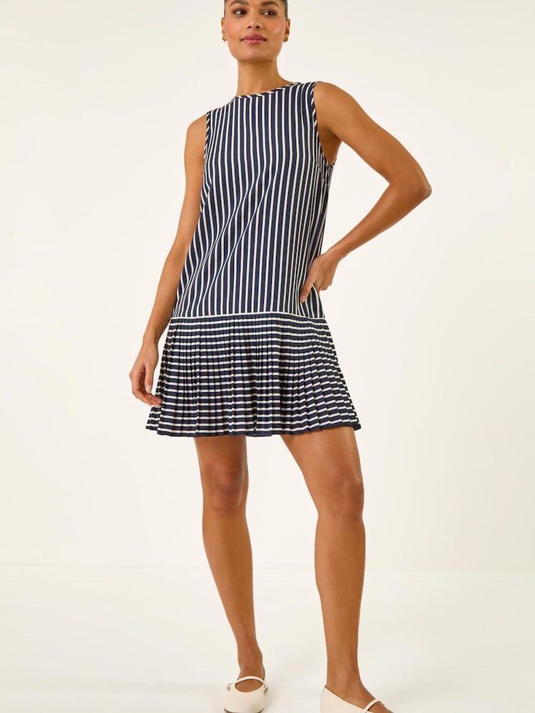 Roman Blue Stripe Print Pleated A-Line Dress - Image 2 of 5 Roman Blue Stripe Print Pleated A-Line Dress - Image 2 of 5