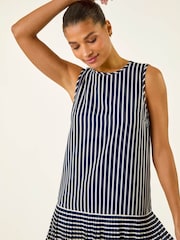 Roman Blue Stripe Print Pleated A-Line Dress - Image 4 of 5