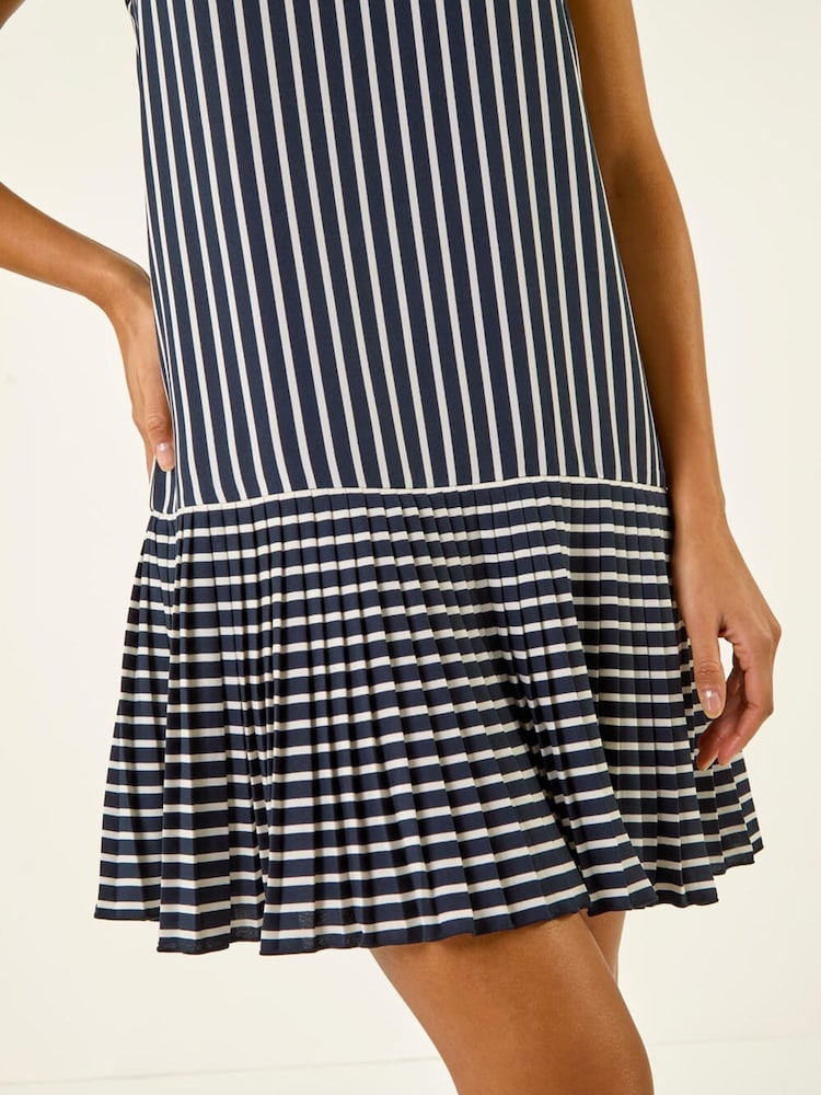 Roman Blue Stripe Print Pleated A-Line Dress - Image 5 of 5 Roman Blue Stripe Print Pleated A-Line Dress - Image 5 of 5