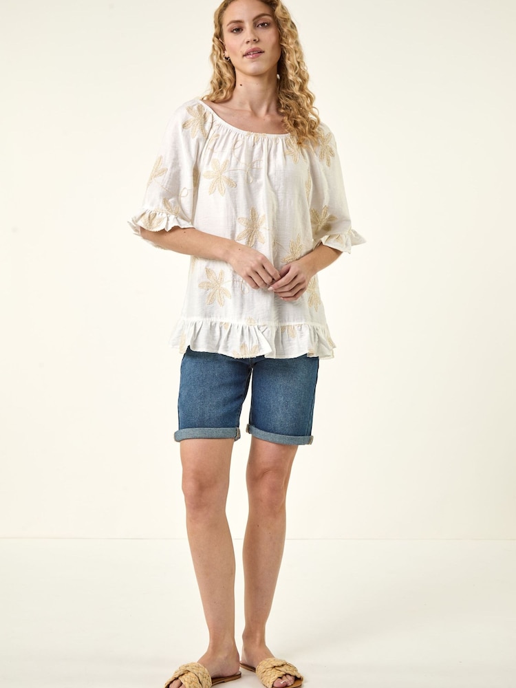 Roman White Floral Embroidery Bardot Top - Image 2 of 5