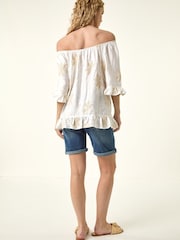 Roman White Floral Embroidery Bardot Top - Image 3 of 5