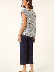 Roman Blue Leaf Print Shell Tunic Top - Image 3 of 5