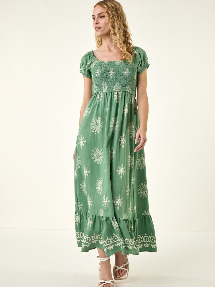 Roman Green Borderie Shirred Maxi Dress - Image 1 of 5