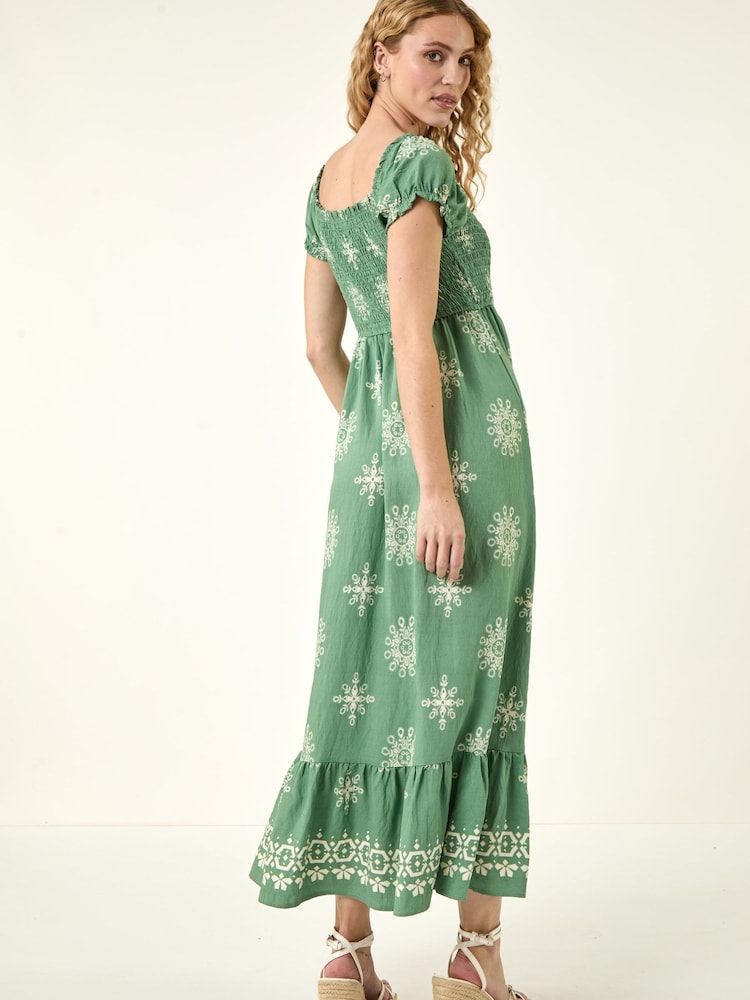 Roman Green Borderie Shirred Maxi Dress - Image 2 of 5