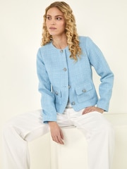 Roman Blue Collarless Buttoned Boucle Jacket - Image 1 of 5