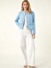 Roman Blue Collarless Buttoned Boucle Jacket - Image 2 of 5