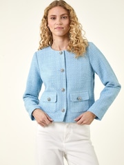 Roman Blue Collarless Buttoned Boucle Jacket - Image 4 of 5